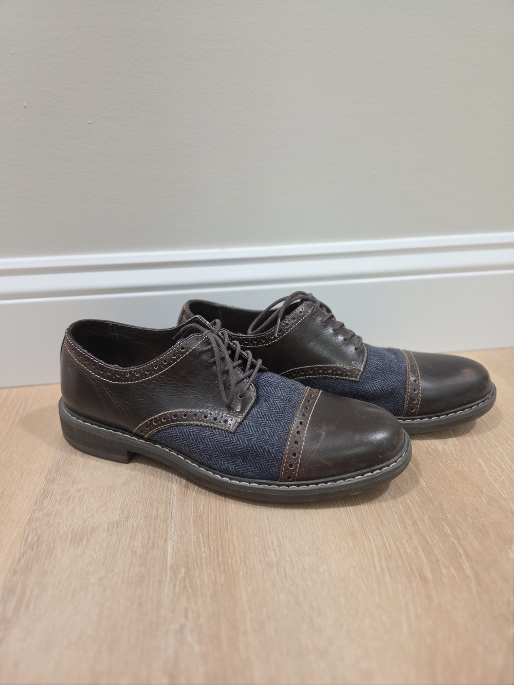 G.H. Bass & Co. Brown Leather and Navy Fabric Wingtip Oxfords